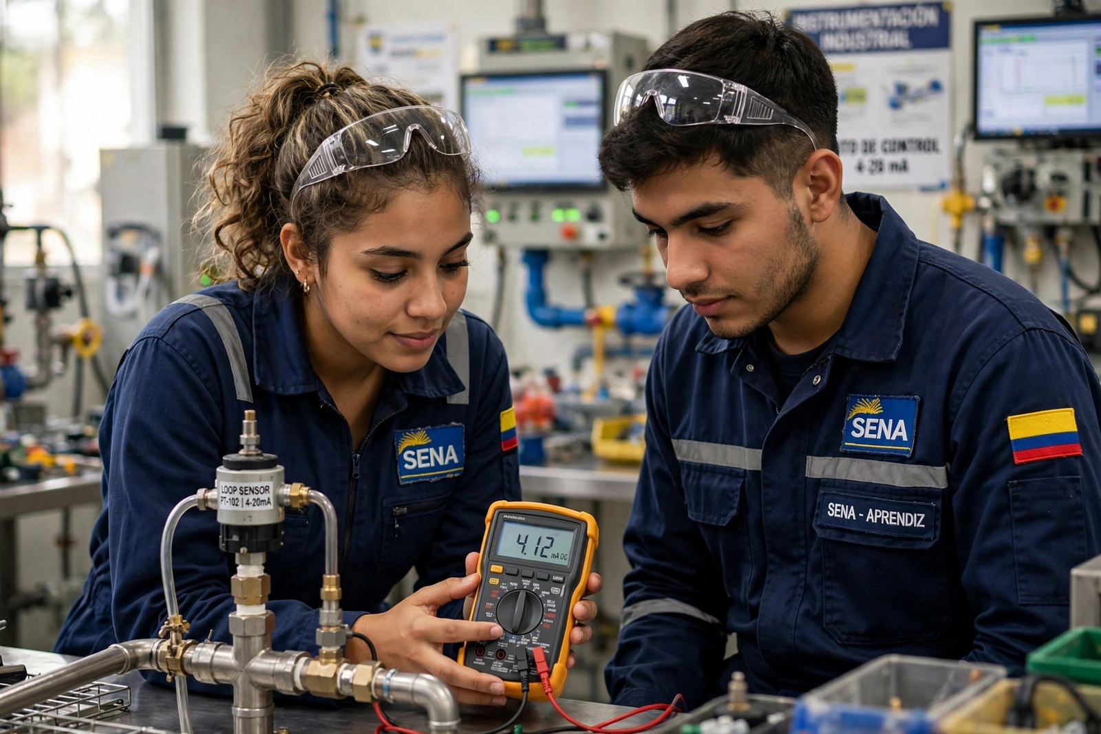 Aprendiz revisando instrumentos de medición en un tablero industrial