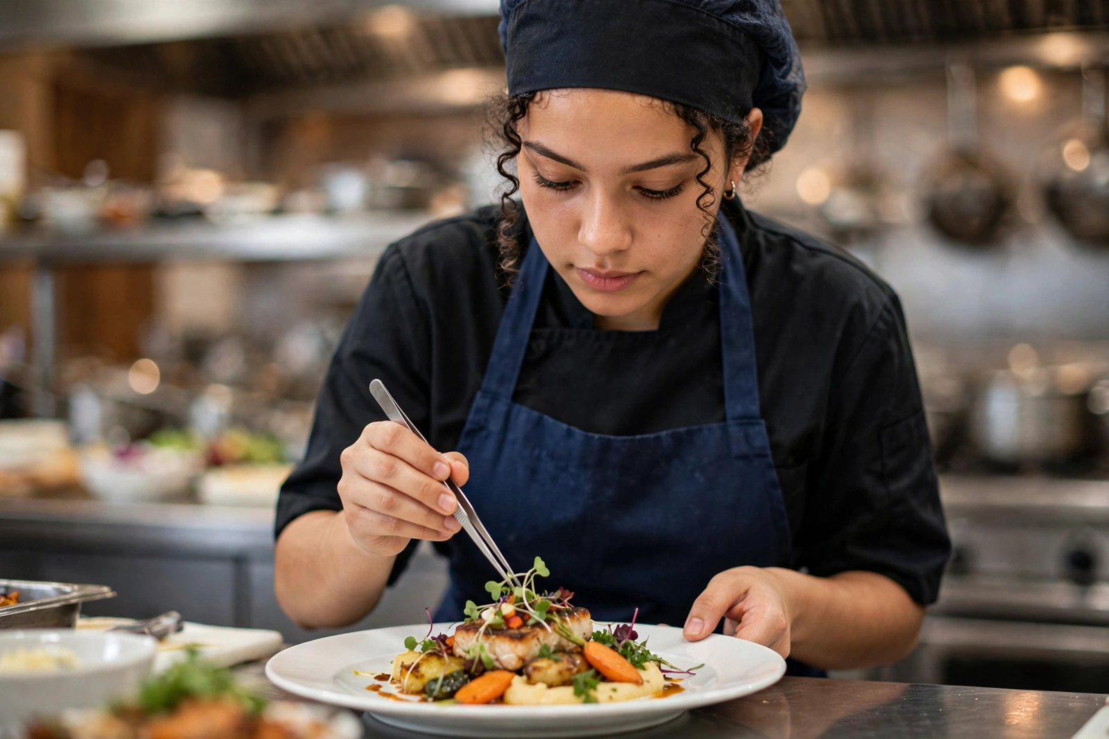 Cocinera emplatando un plato con pinzas en la cocina profesional