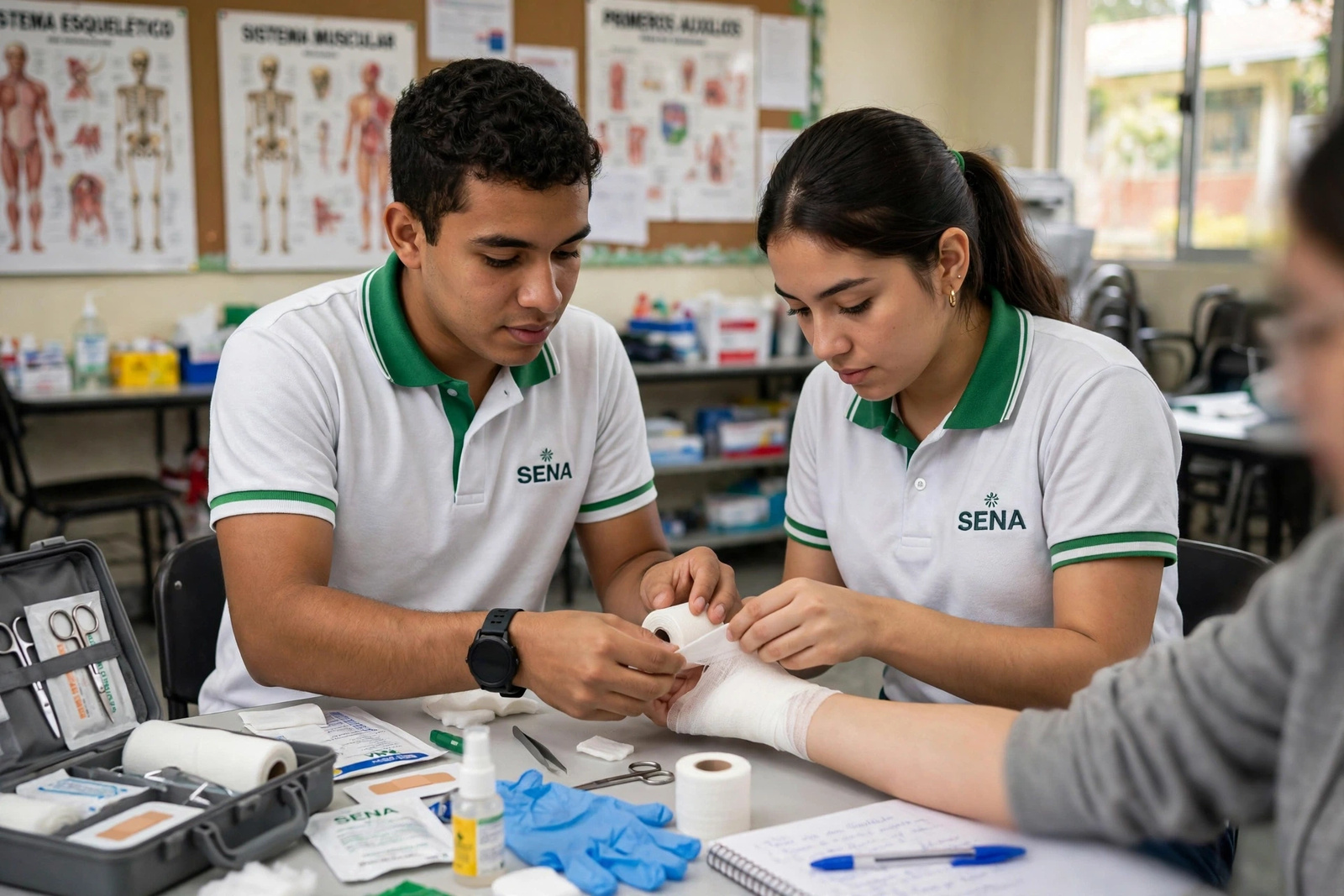 Dos aprendices practicando un vendaje durante una sesión de simulación de primeros auxilios