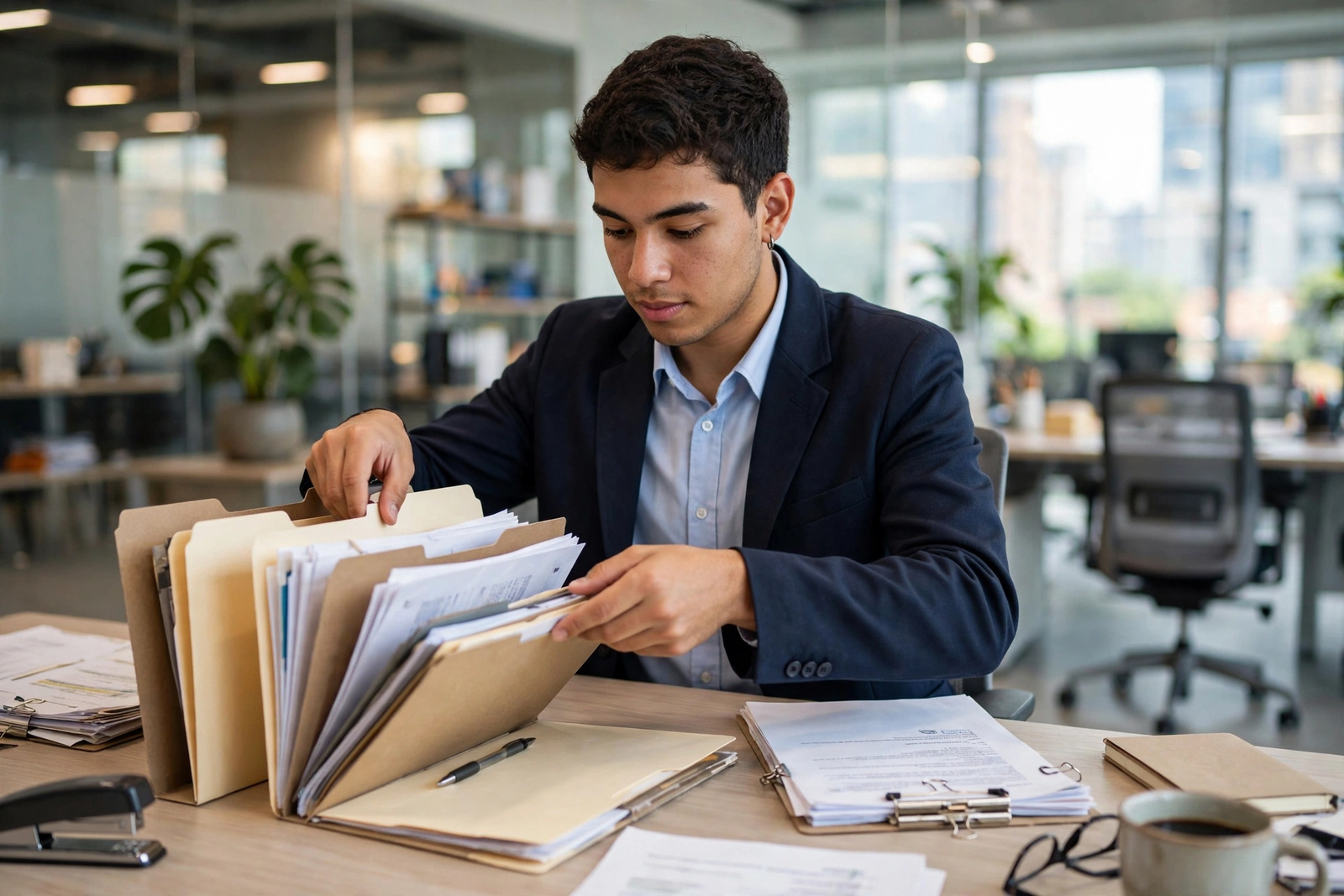 Profesional organizando los documentos del sistema de gestión en una oficina