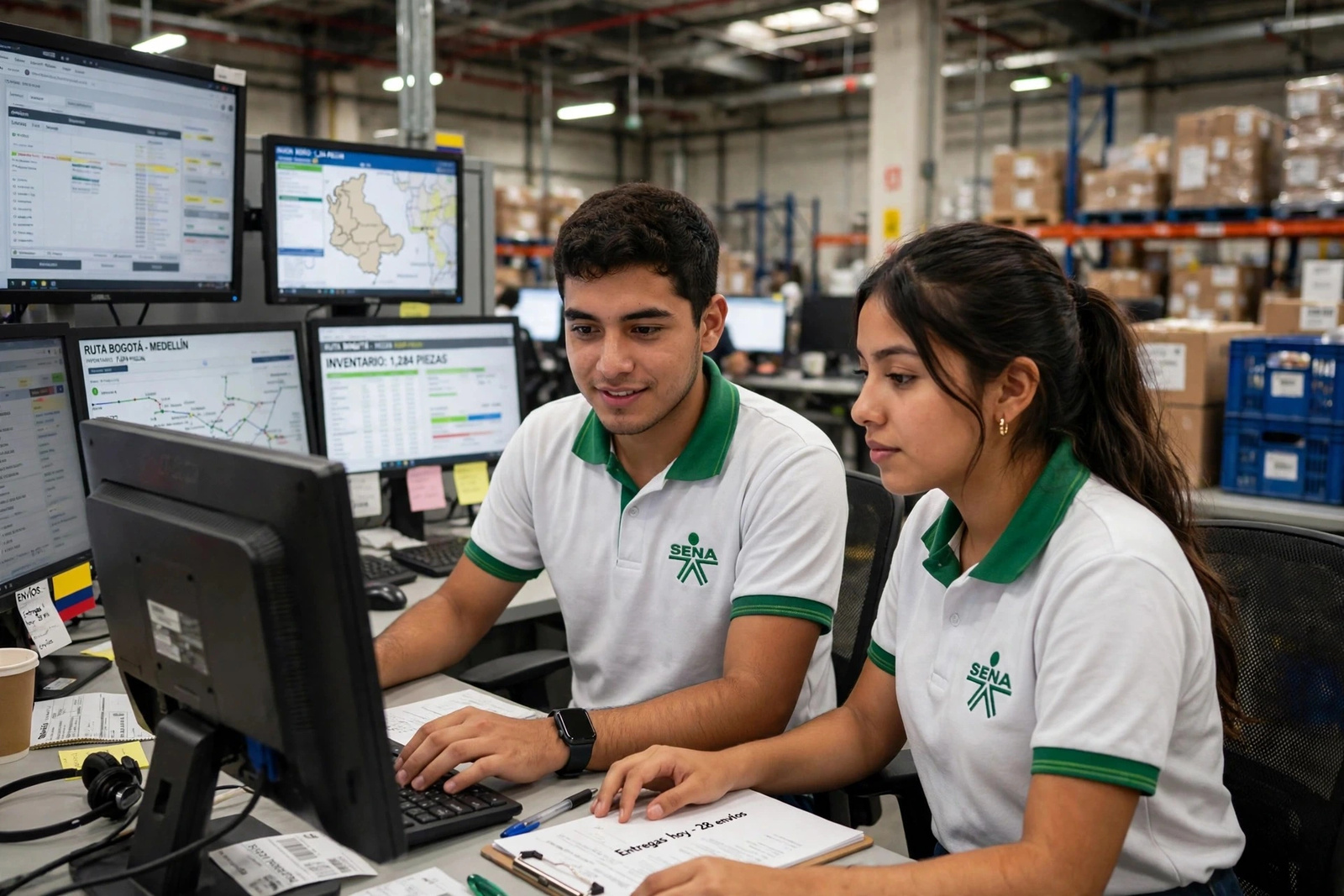 Dos operadores frente a los monitores de control del centro de distribución