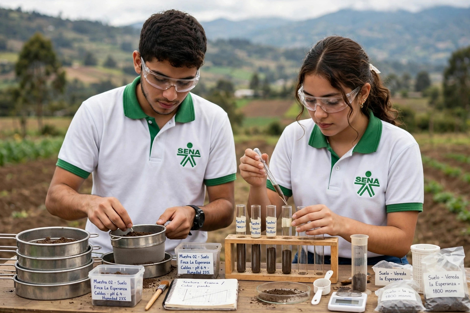 Dos aprendices tamizando y clasificando muestras de suelo en el laboratorio de campo