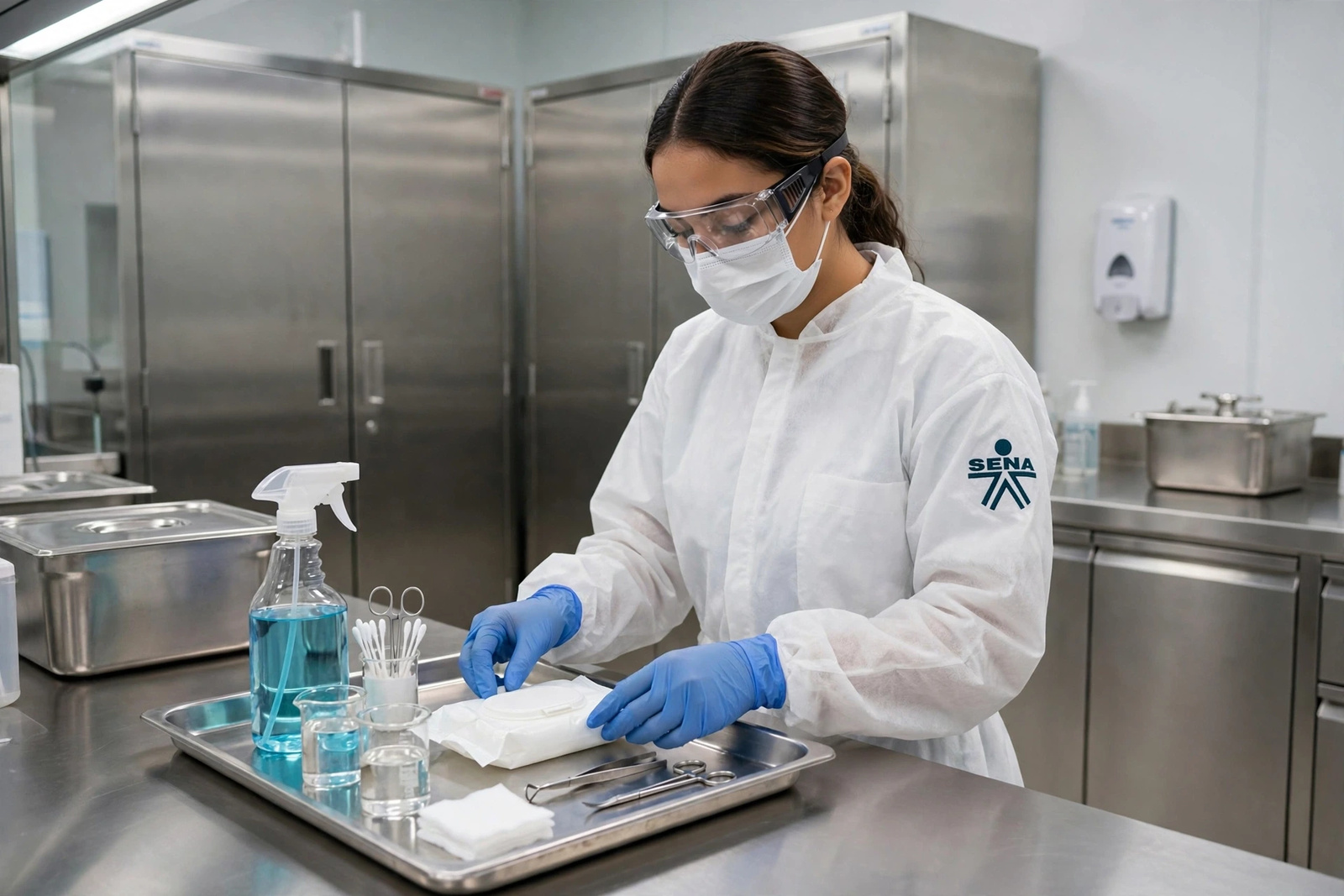 Una técnica preparando el instrumental y los materiales en la sala de tanatoestética