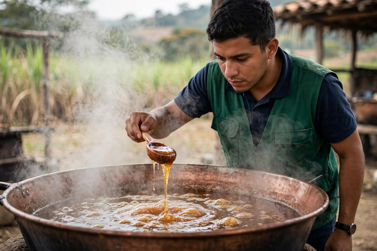 Aprendiz SENA verificando el punto de la miel de panela