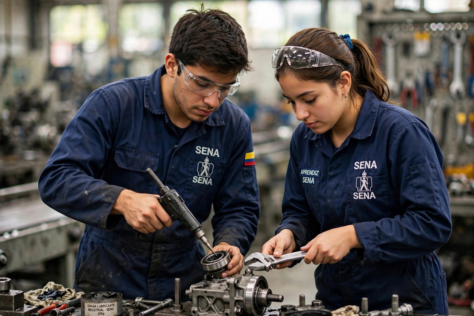 Aprendices del SENA ajustando una máquina de producción industrial durante su alistamiento