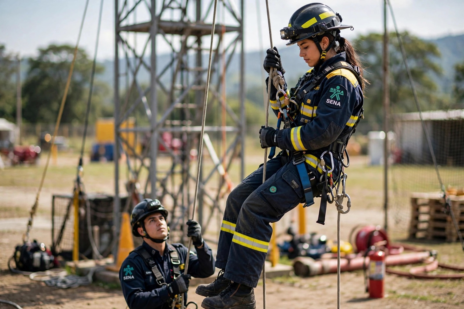 Aprendiz bombero del SENA descendiendo en rapel por una torre de entrenamiento de rescate en alturas