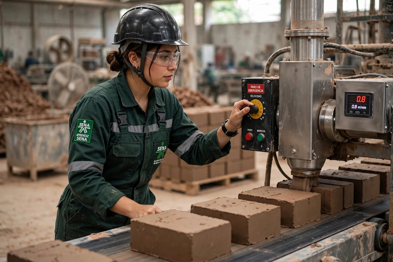 Técnica aprendiz del SENA controlando la salida de ladrillos de una extrusora en una planta cerámica