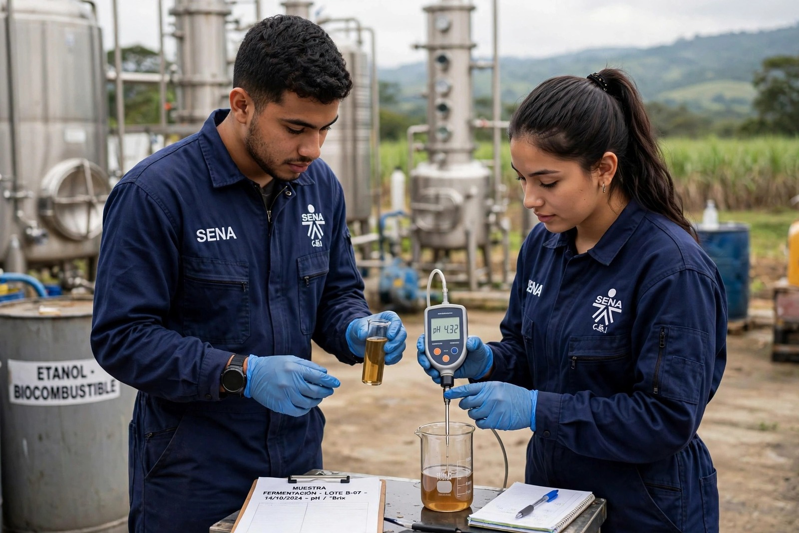 Aprendices del SENA midiendo con instrumentos muestras de la fermentación en una planta de bioetanol