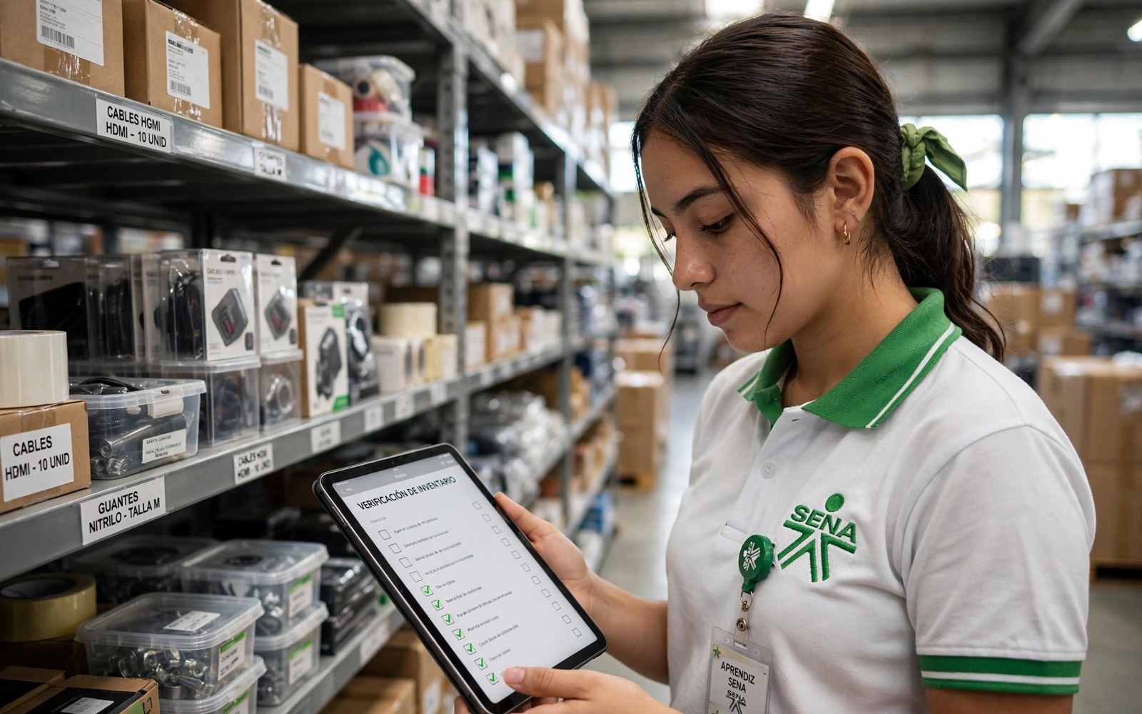 Aprendiz del SENA verificando inventarios con una tableta en un almacén moderno