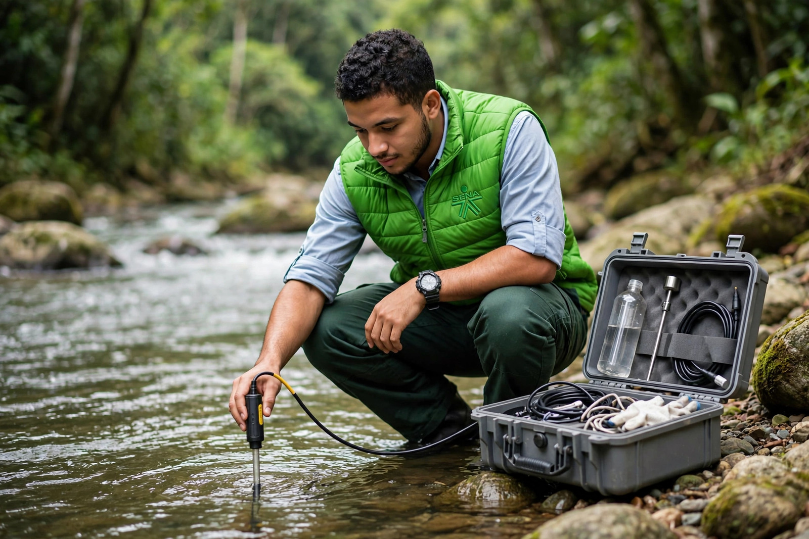 Aprendiz SENA haciendo monitoreo ambiental en un río