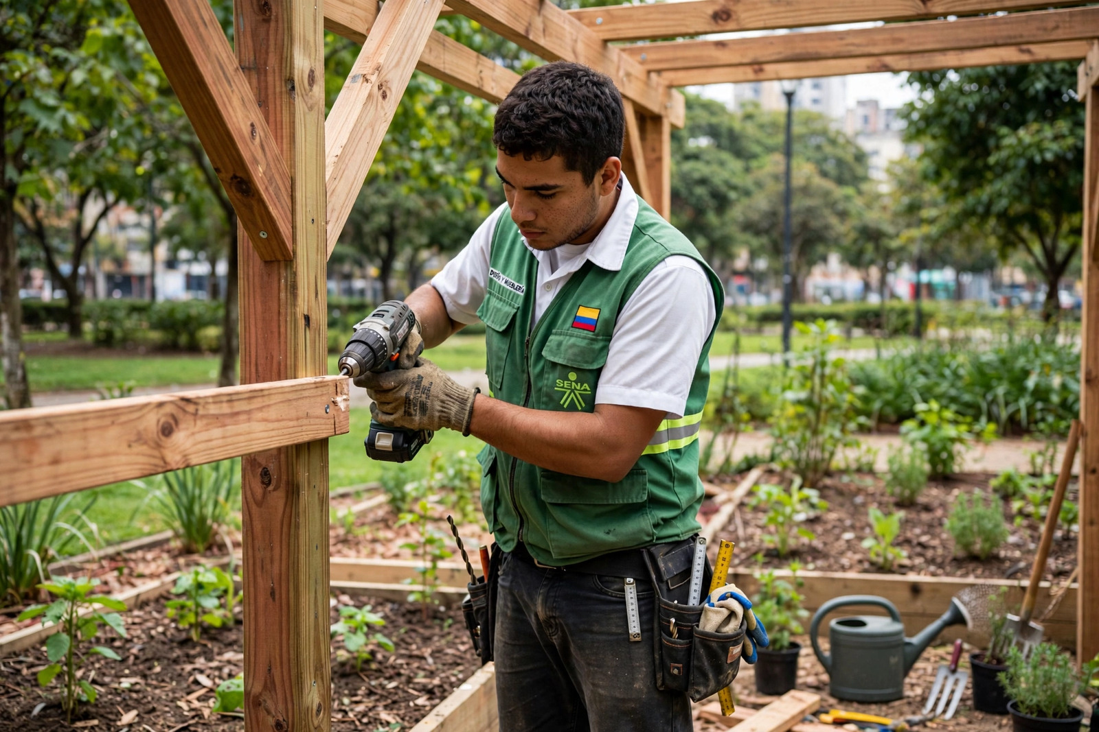 Aprendiz SENA instalando una pérgola en un jardín urbano
