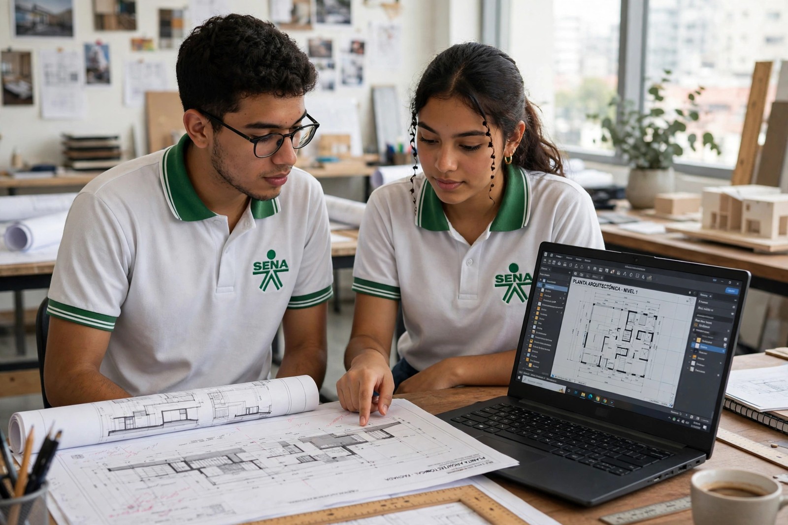 Aprendices SENA trabajando en computador con planos arquitectónicos CAD y revisando una planta impresa