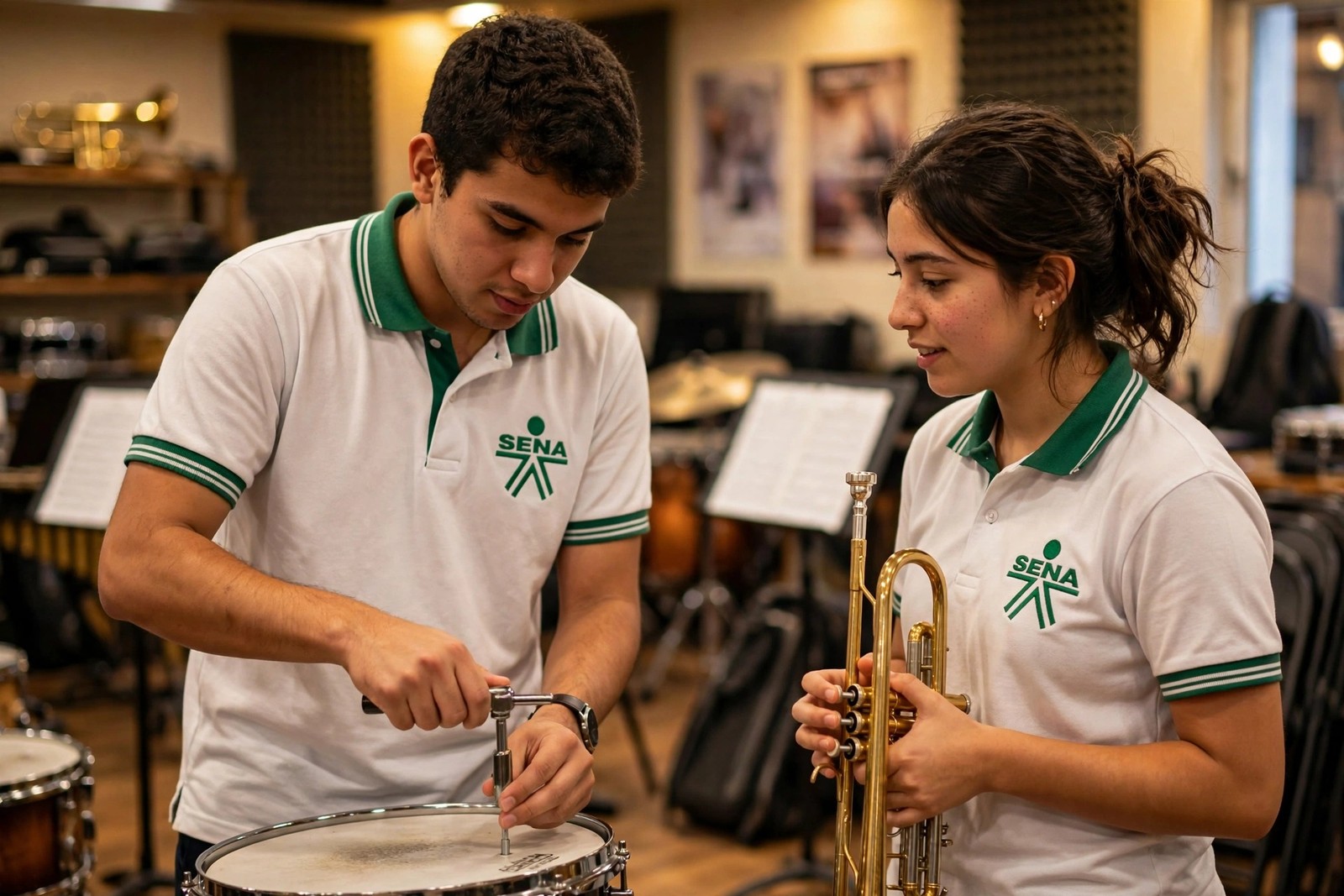 Aprendices del SENA afinando instrumentos durante un ensayo de ensamble musical