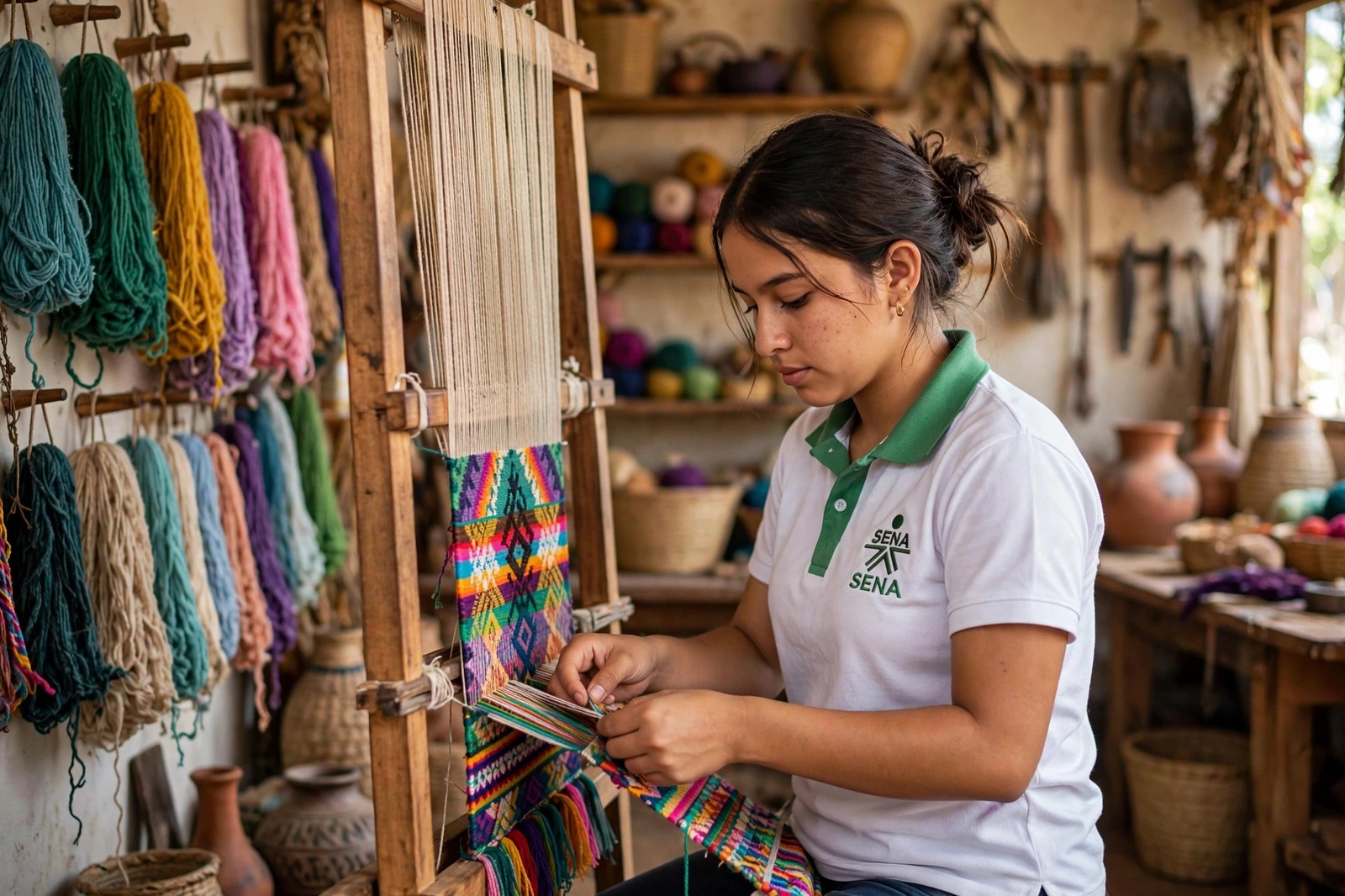 Artesana aprendiz del SENA tejiendo una pieza en un telar vertical con fibras teñidas de colores