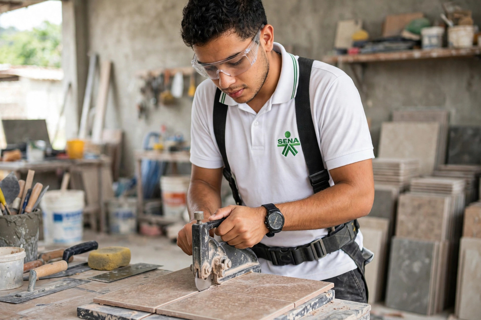Aprendiz SENA cortando una baldosa cerámica con cortadora