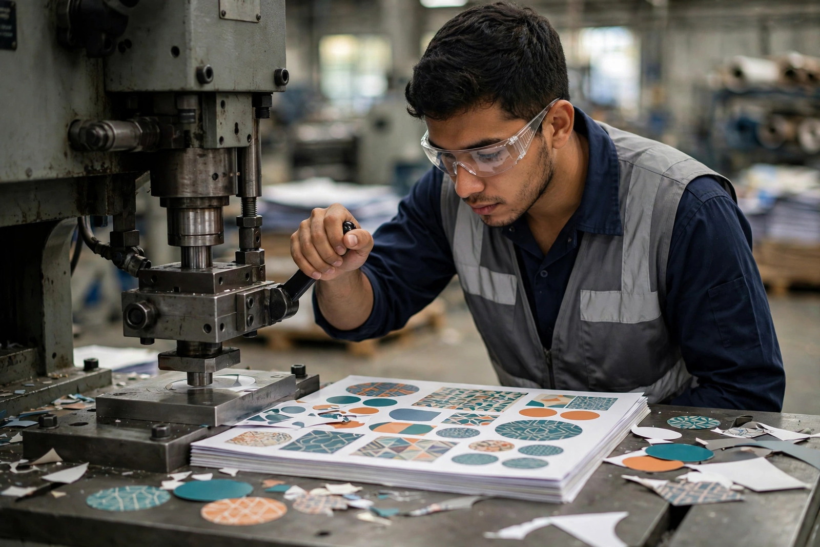 Aprendiz SENA operando una troqueladora de productos gráficos