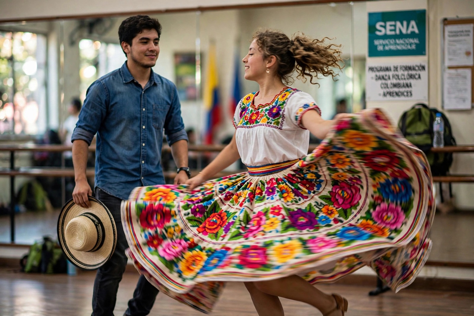Intérpretes aprendices del SENA ensayando una coreografía de folclor colombiano en un salón de danza
