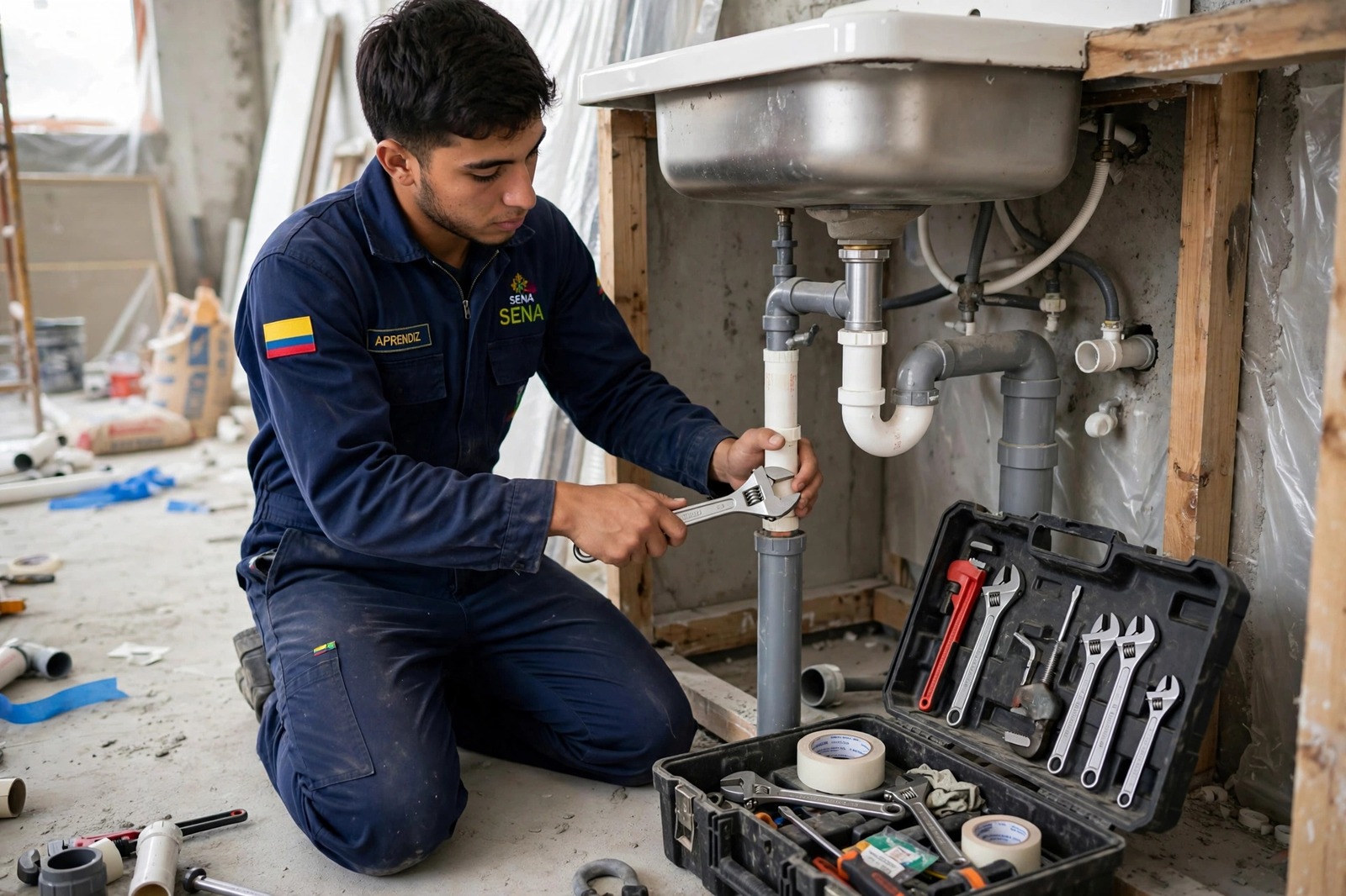 Aprendiz del SENA instalando las tuberías de un baño en una obra de edificación