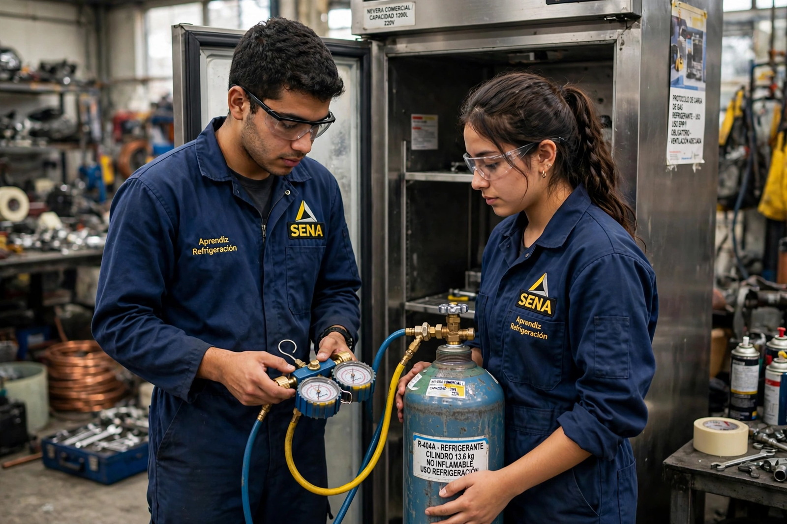 Aprendices SENA cargando refrigerante en un equipo comercial con manómetros y cilindro