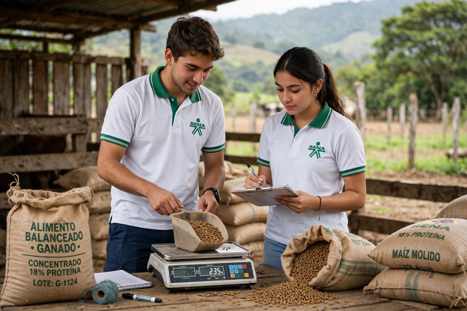 Aprendices del SENA pesando el concentrado del hato en el depósito de una finca ganadera