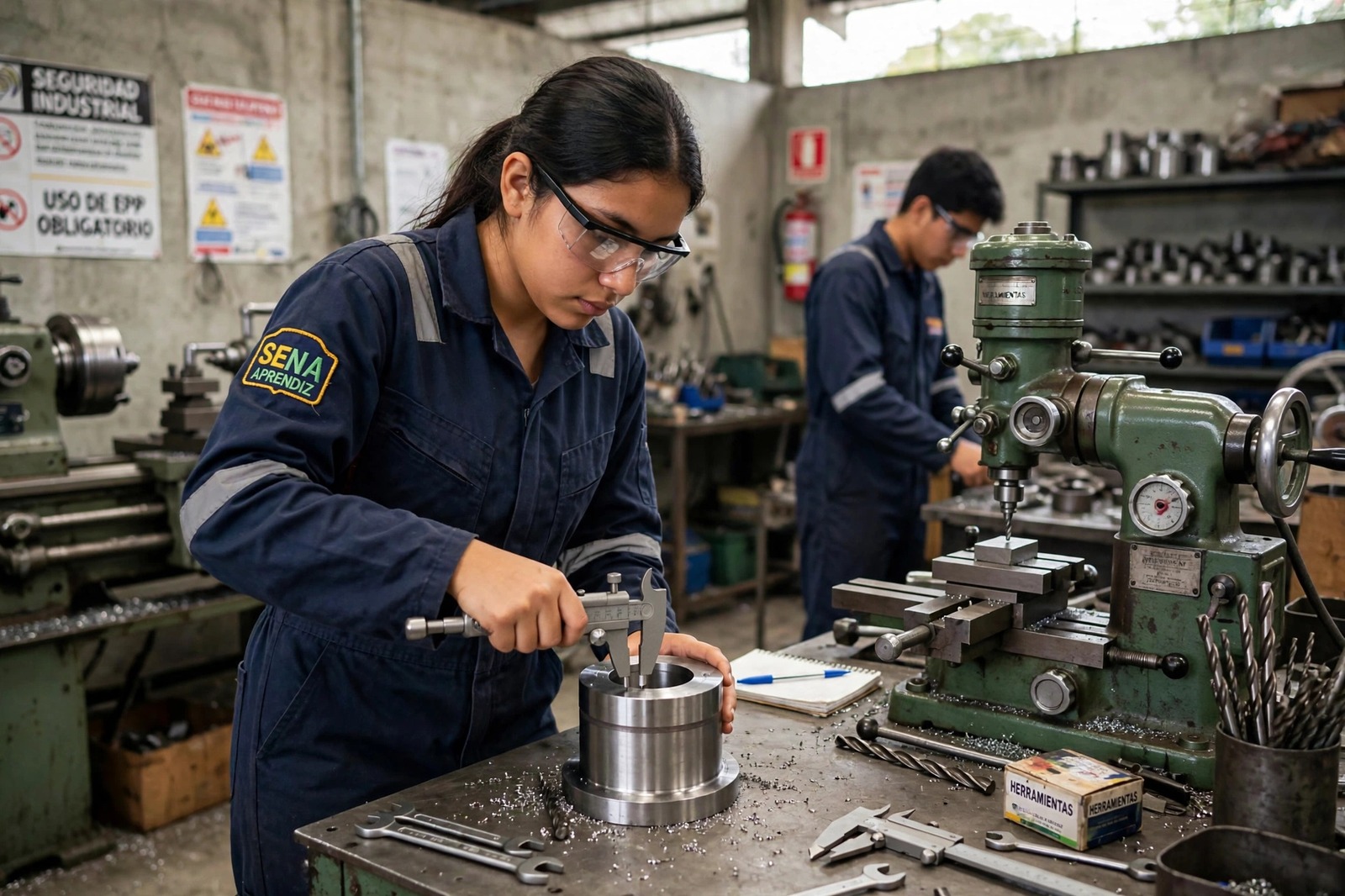Aprendiz del SENA midiendo con un micrómetro una pieza metálica junto a la fresadora en un taller metalmecánico