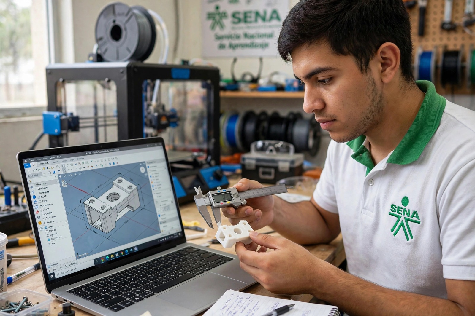 Modelador aprendiz del SENA validando un prototipo impreso en 3D contra su modelo CAD en pantalla