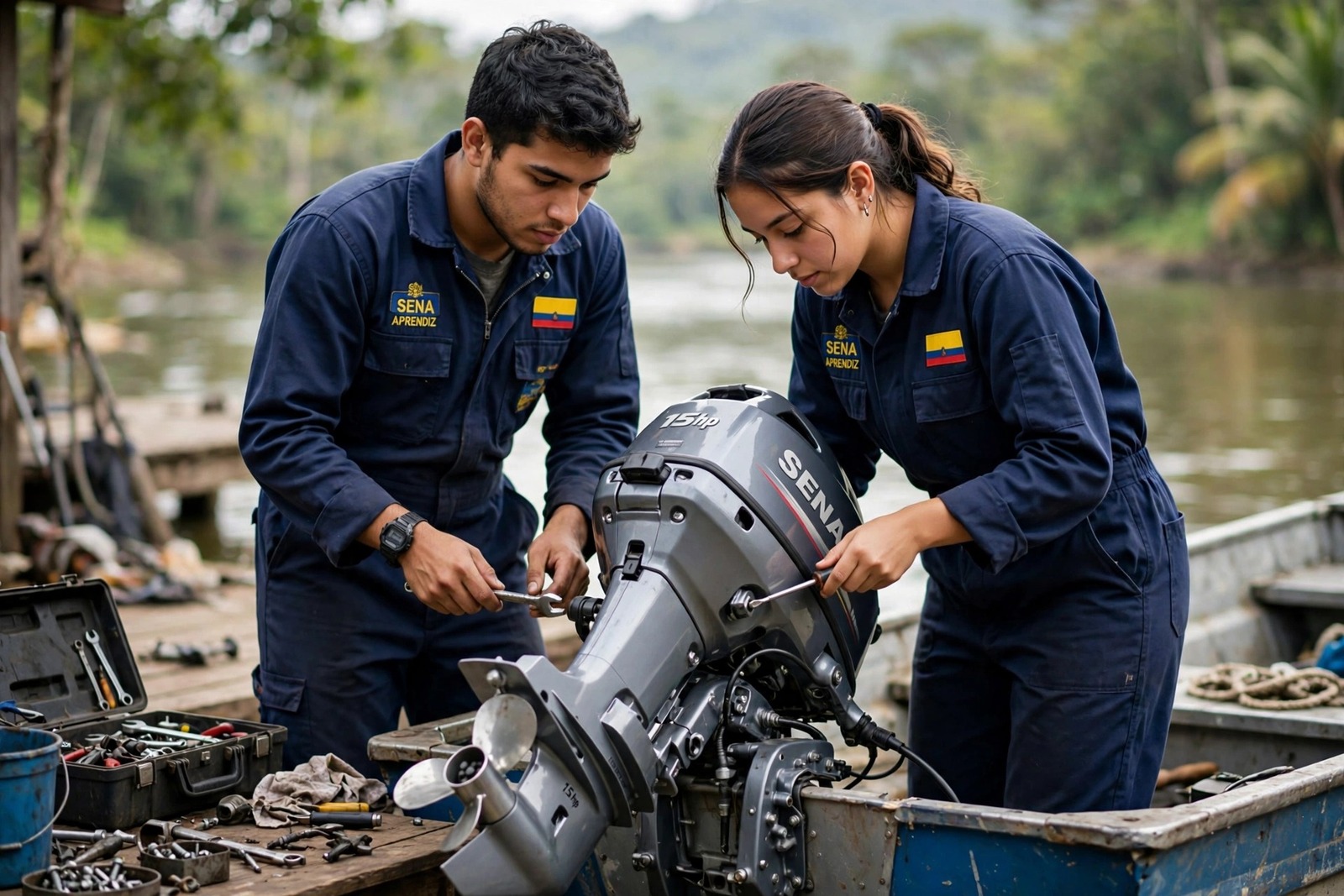 Aprendices del SENA probando un motor fuera de borda instalado en una lancha junto al muelle
