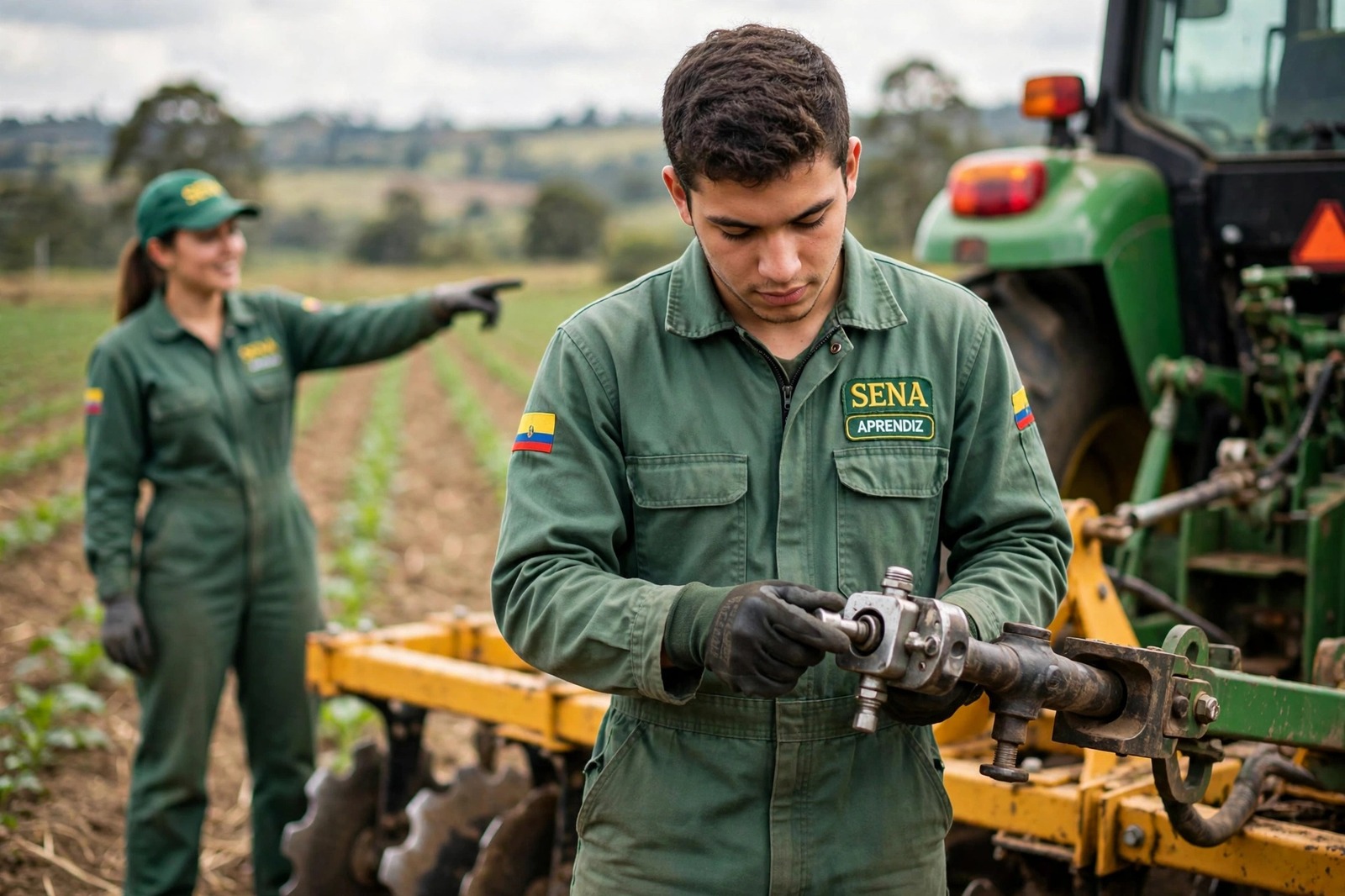 Aprendiz del SENA revisando el acople de un implemento agrícola en la parte trasera de un tractor