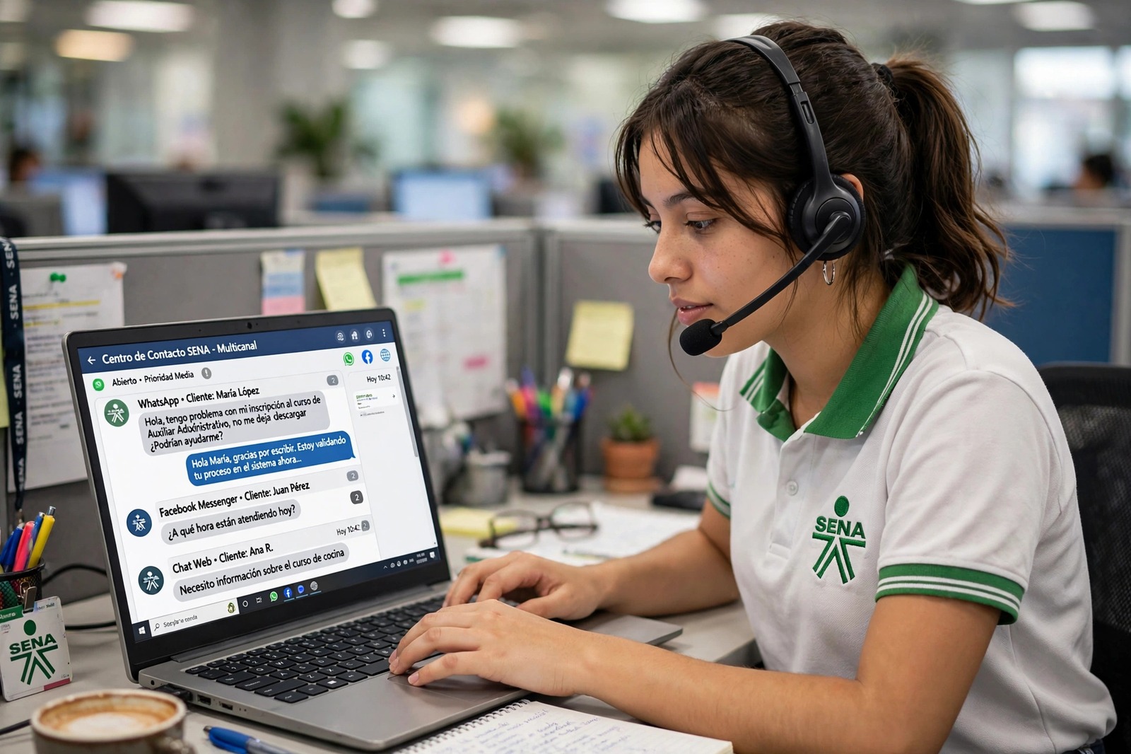 Agente aprendiz del SENA atendiendo el chat de un cliente desde su puesto en el contact center