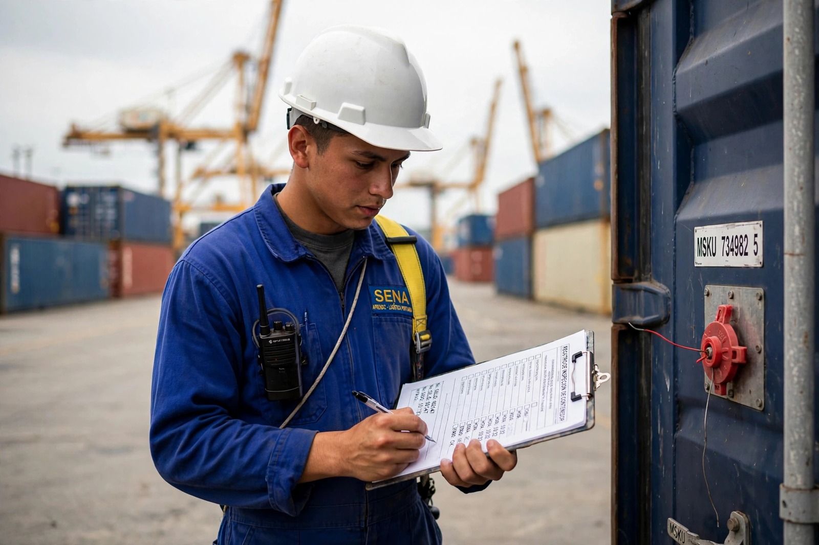 Operador portuario aprendiz del SENA verificando los sellos de un contenedor en el patio de la terminal