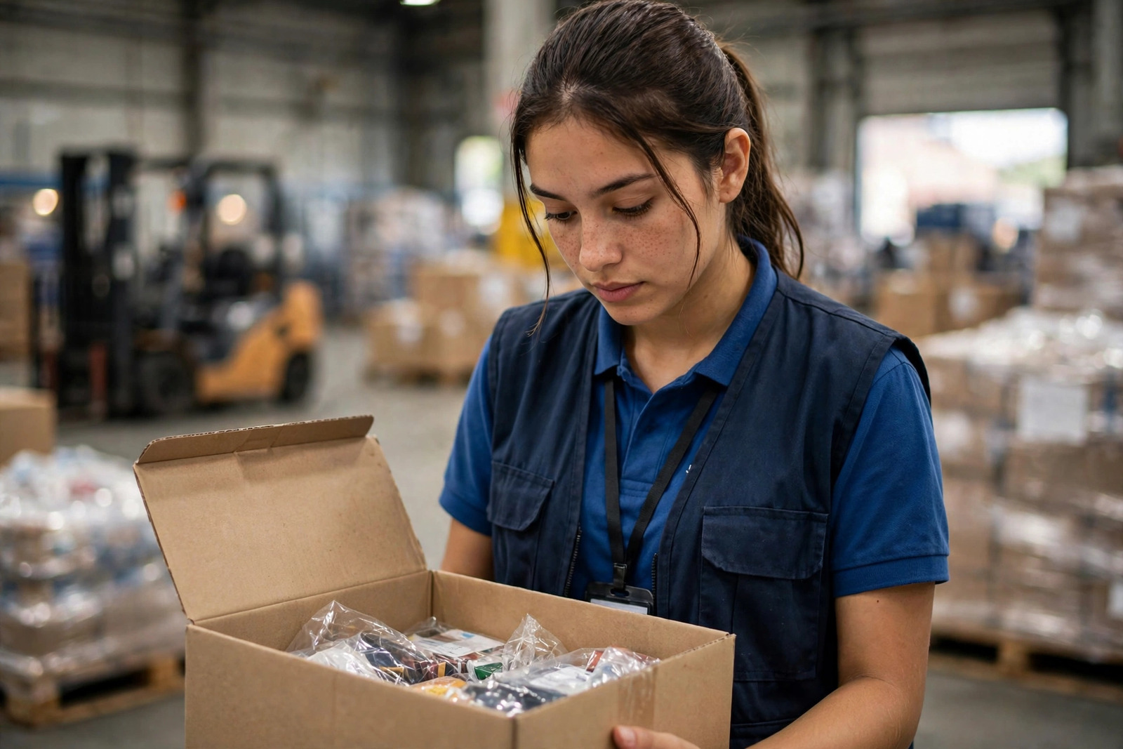 Aprendiz SENA verificando mercancía de exportación en bodega