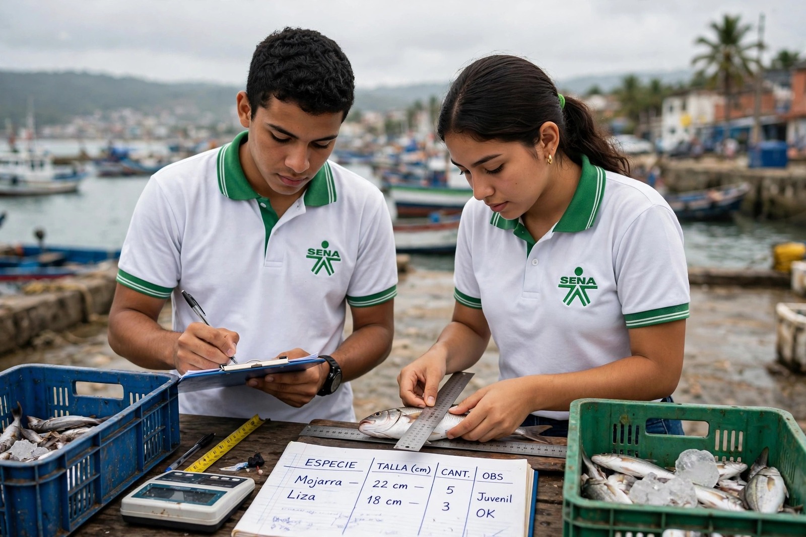 Aprendices del SENA registrando especies y tallas de la captura en un sitio de desembarque pesquero