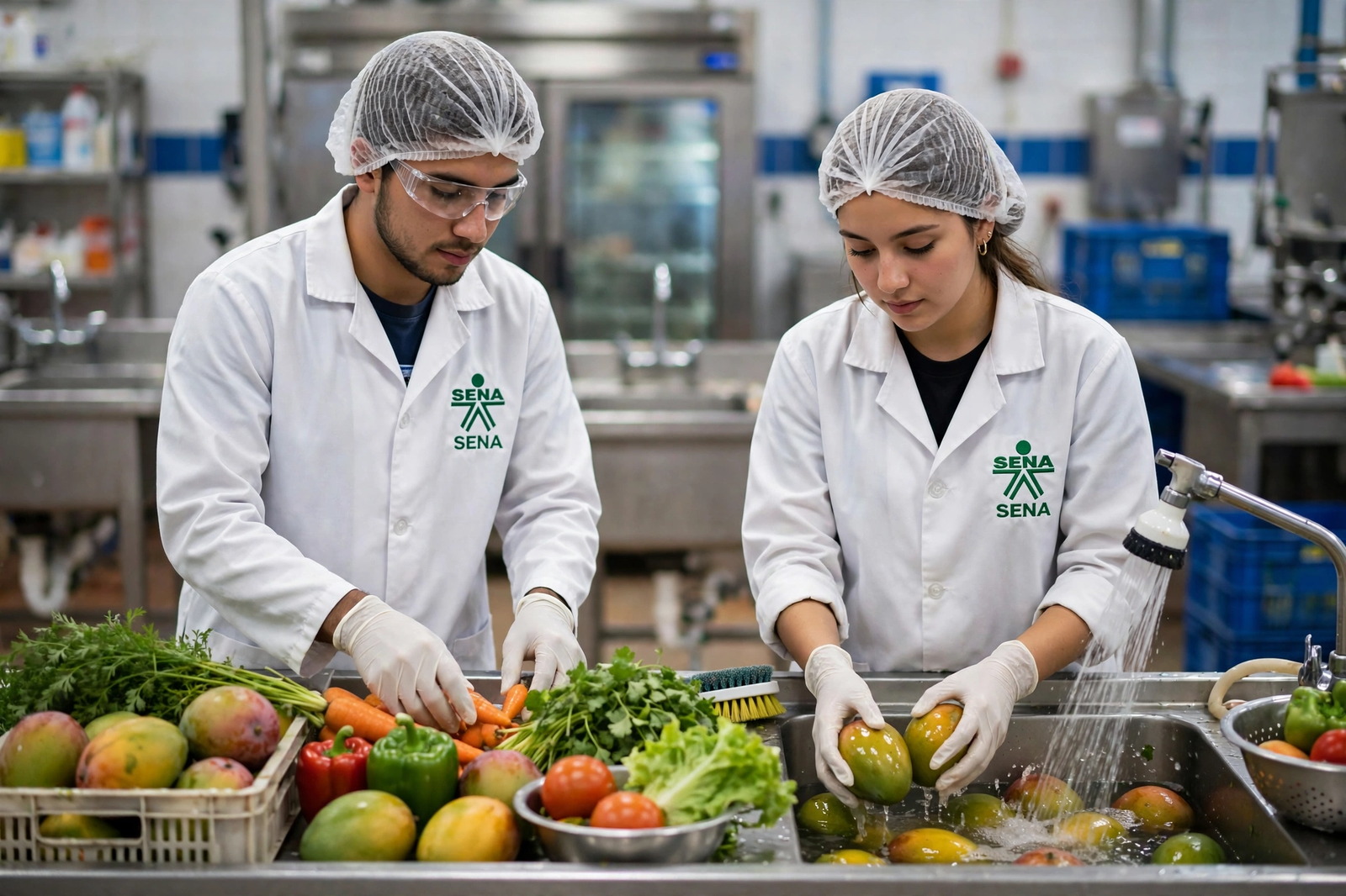 Aprendices SENA seleccionando y lavando mangos y hortalizas en una planta procesadora