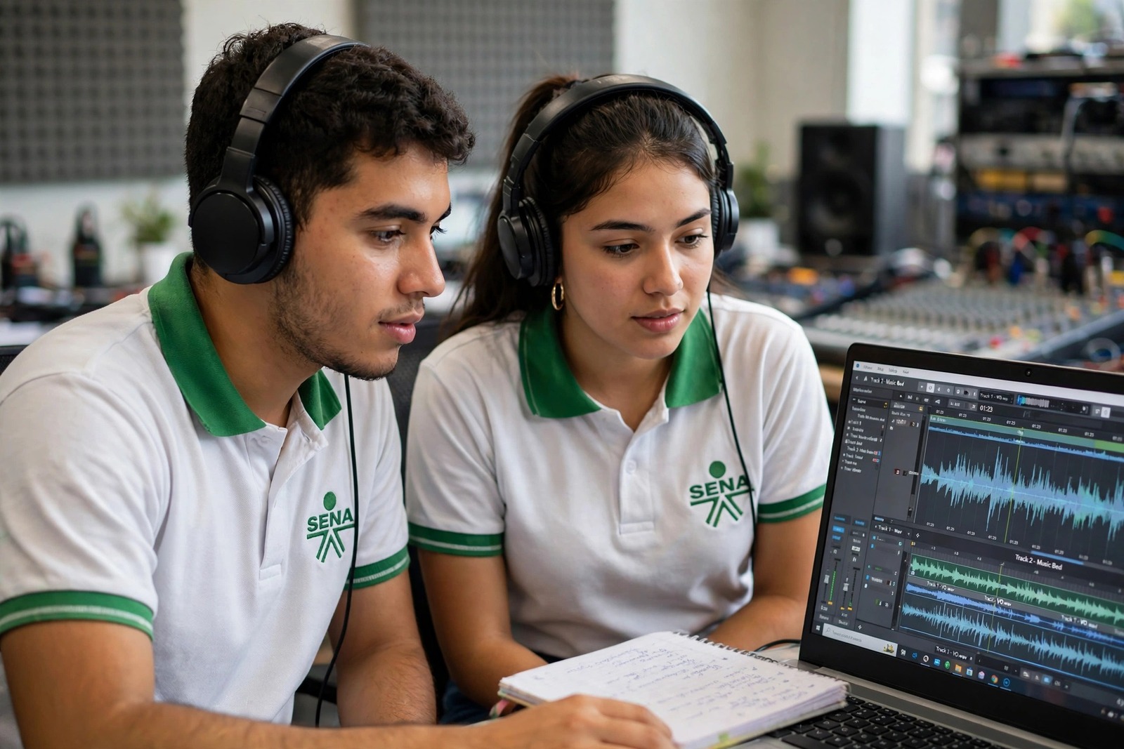 Aprendices del SENA editando ondas de audio en un laboratorio de producción digital