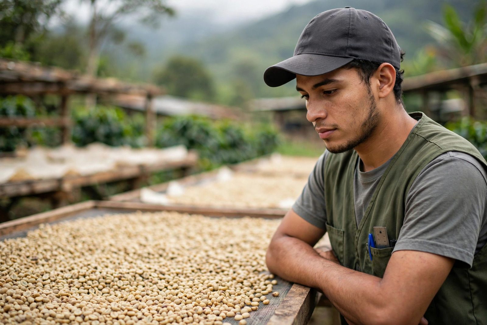 Aprendiz SENA supervisando el secado del café pergamino