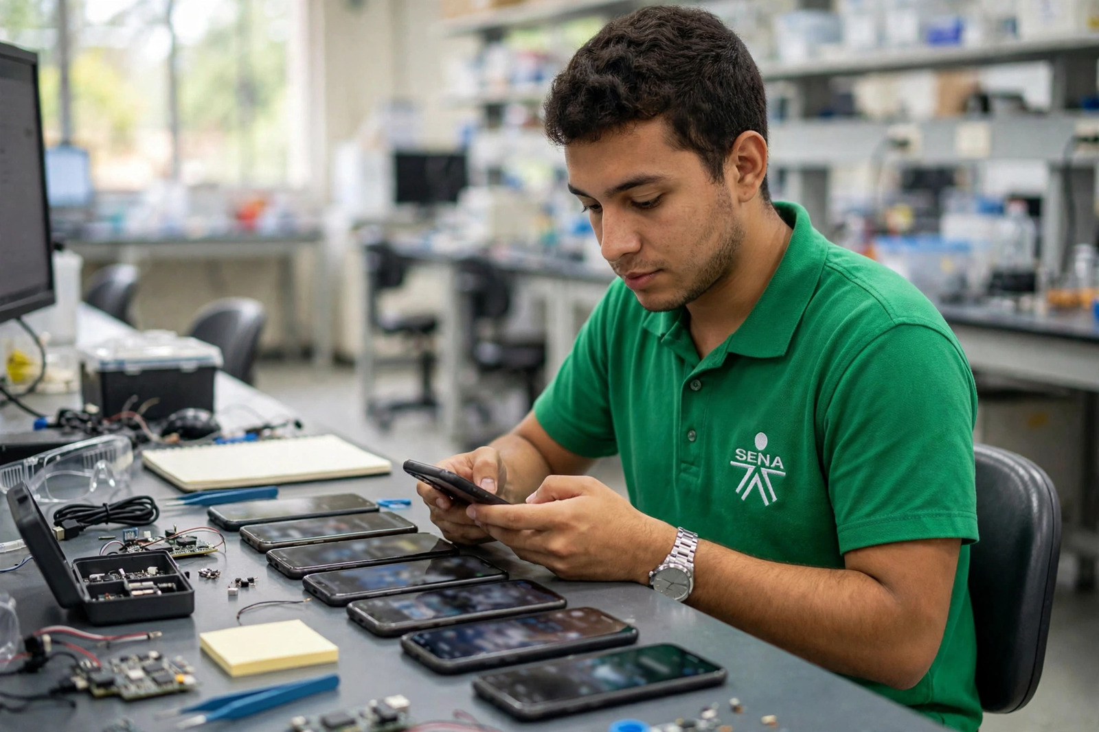 Aprendiz SENA probando una aplicación en varios celulares