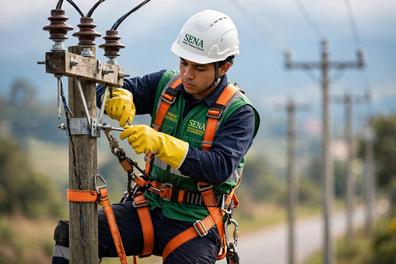 Liniero aprendiz del SENA asegurado con arnés trabajando sobre un poste de energía eléctrica