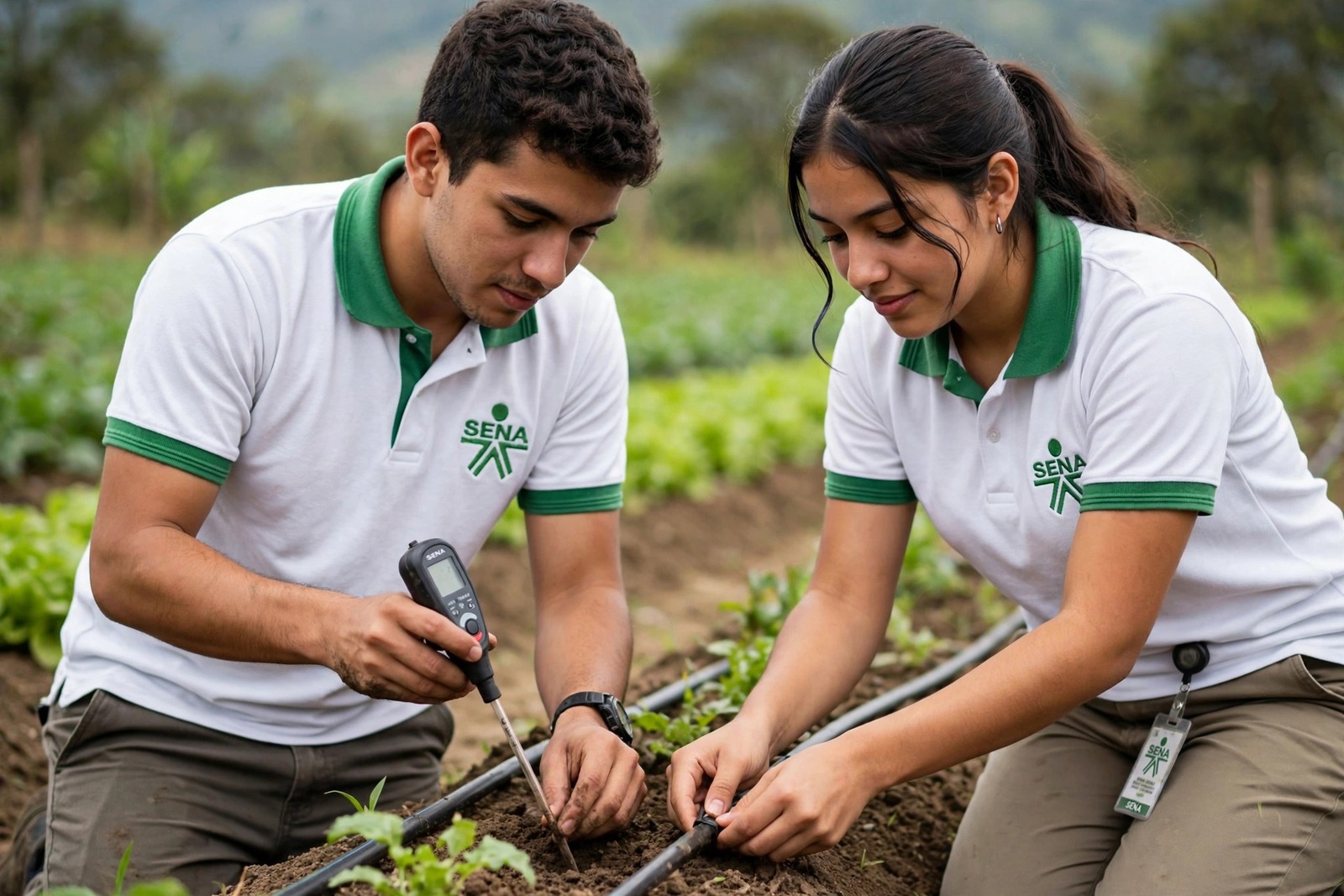 Aprendices del SENA ajustando las líneas de riego por goteo y midiendo la humedad del suelo en un cultivo