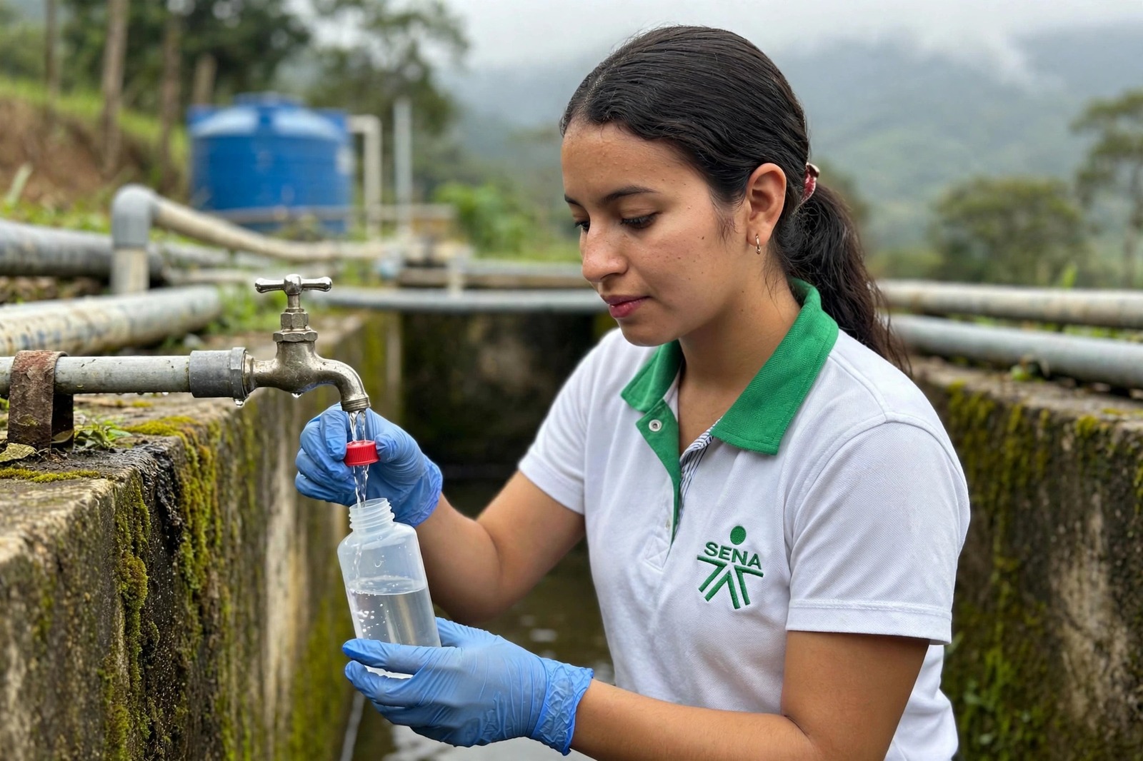 Técnica aprendiz del SENA tomando una muestra de agua para control de calidad en un acueducto veredal