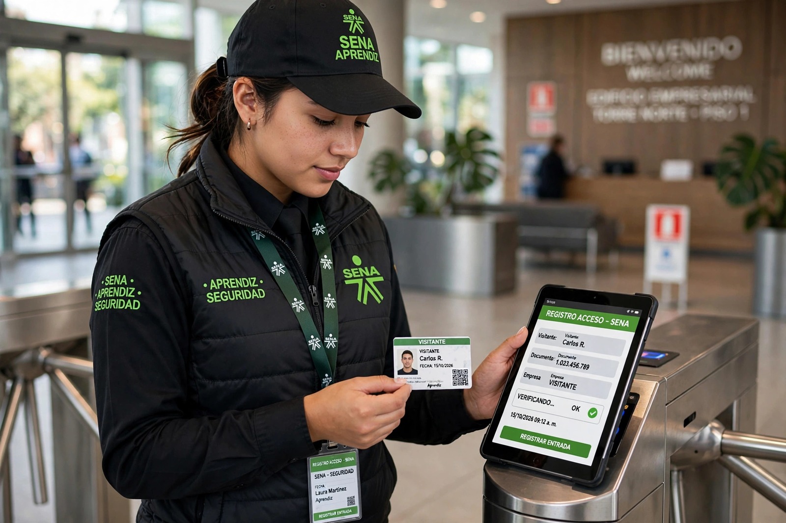 Vigilante aprendiz del SENA verificando la credencial de un visitante en un control de acceso peatonal