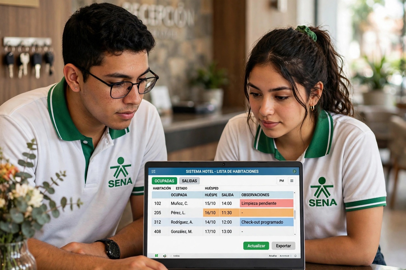 Aprendices del SENA revisando la ocupación y las salidas en el sistema de gestión de un hotel