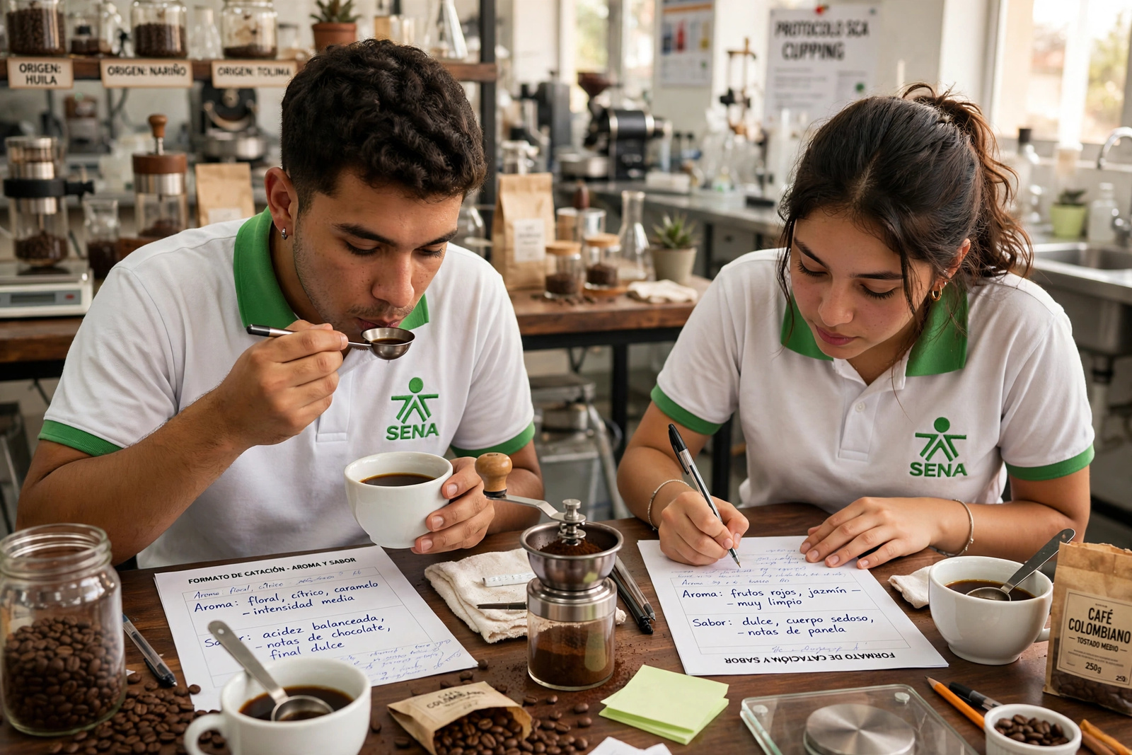 Aprendices SENA en una mesa de catación probando cafés y tomando notas de aroma y sabor