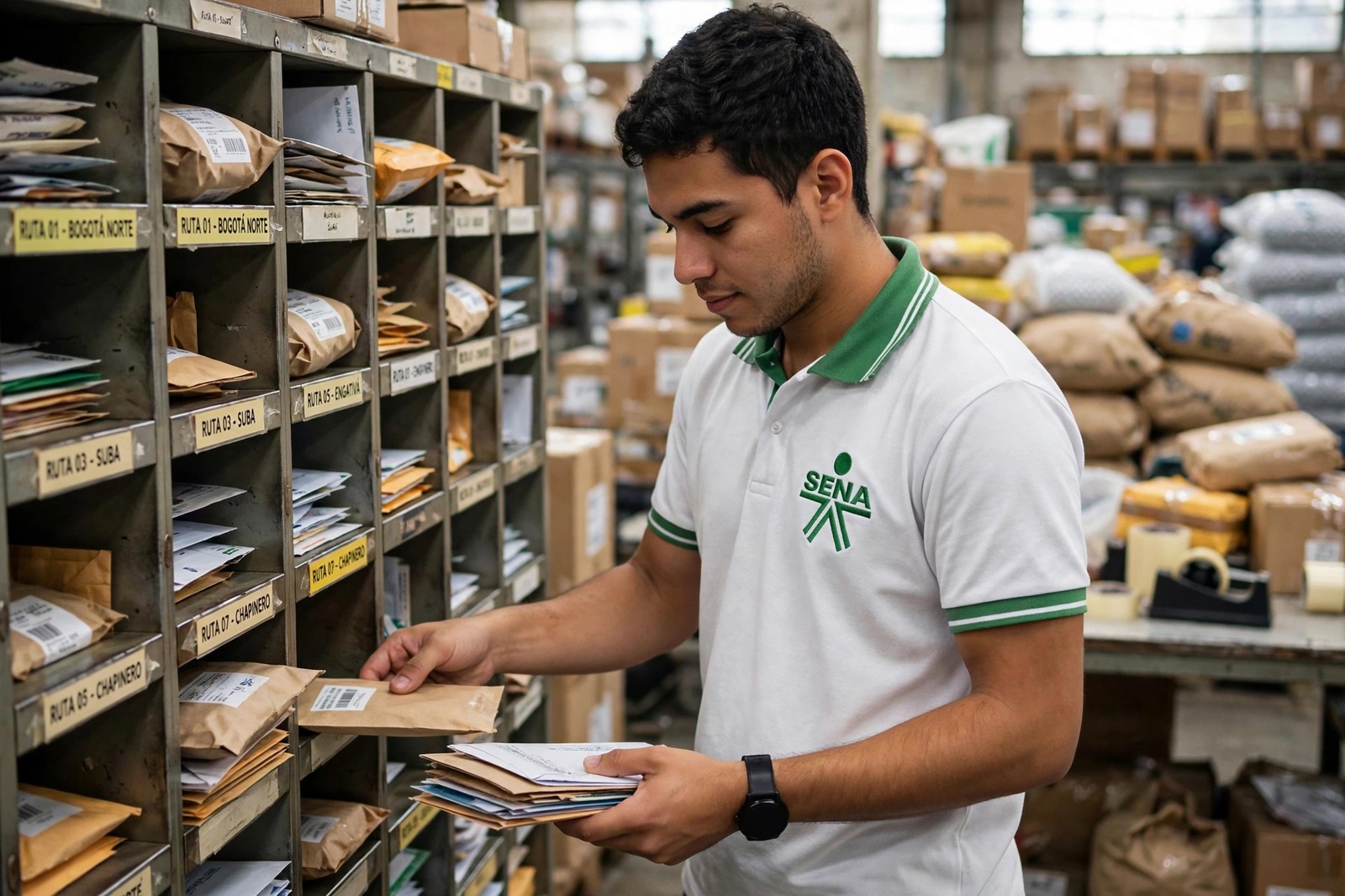 Aprendiz del SENA clasificando sobres y paquetes en los casilleros de rutas de un centro de distribución postal
