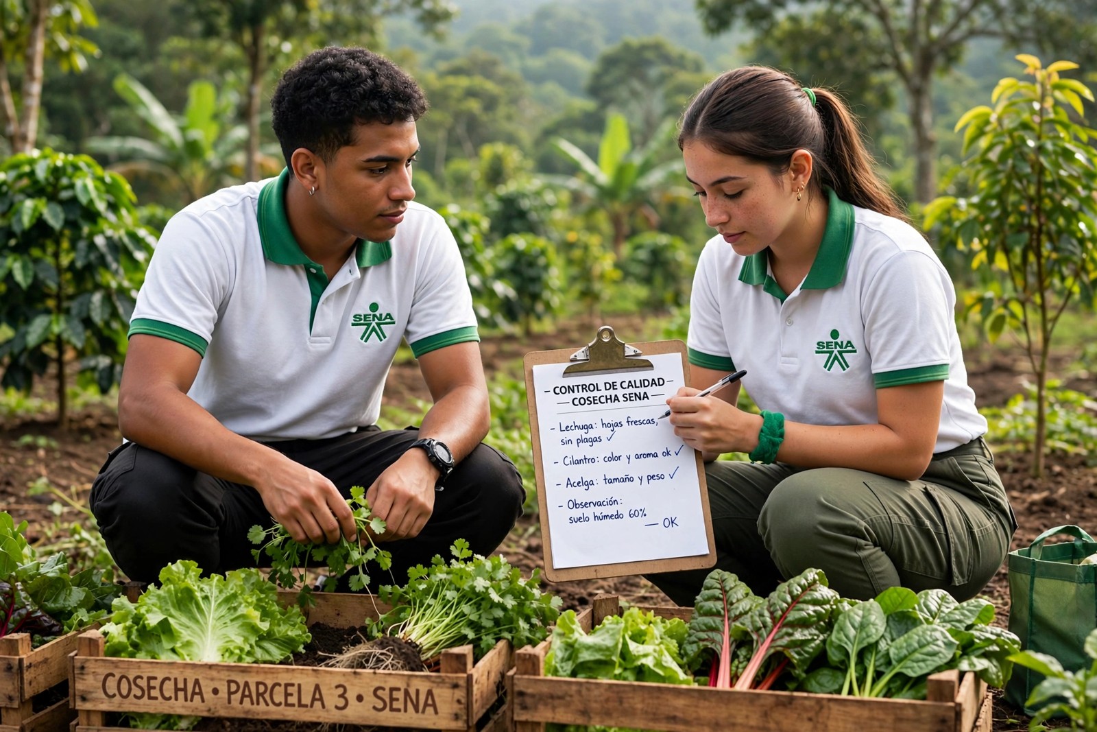 Aprendices SENA cosechando hortalizas ecológicas y registrando el control de calidad de la cosecha