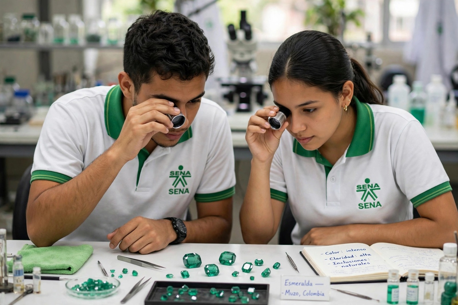 Aprendices del SENA examinando con lupa esmeraldas talladas en un laboratorio de gemología