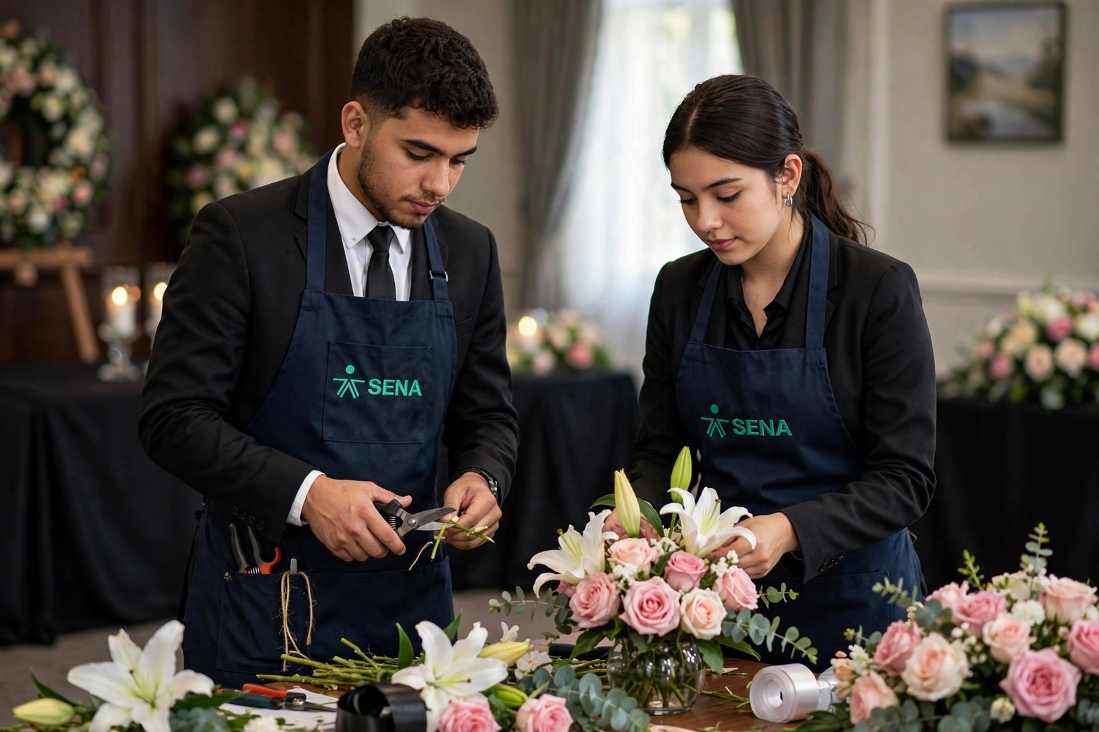 Aprendices del SENA preparando los arreglos florales de una sala de velación en una funeraria