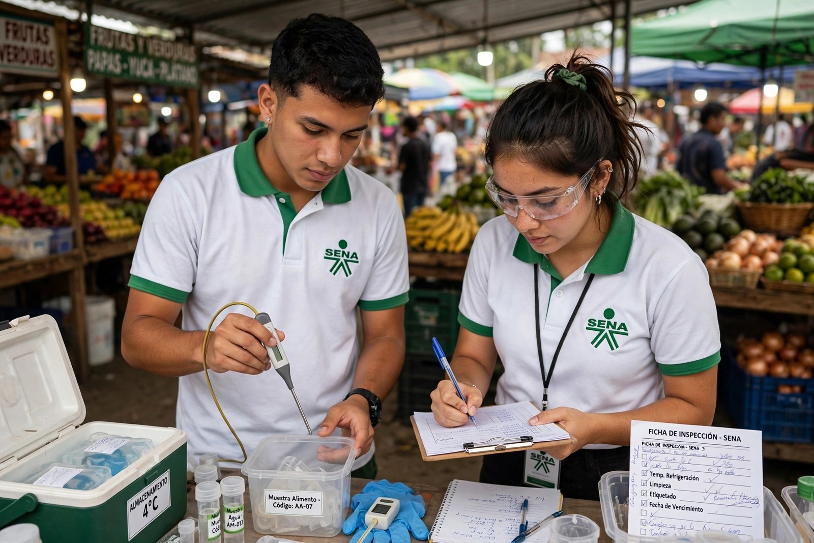 Aprendices del SENA tomando muestras e inspeccionando un puesto de alimentos en una plaza de mercado