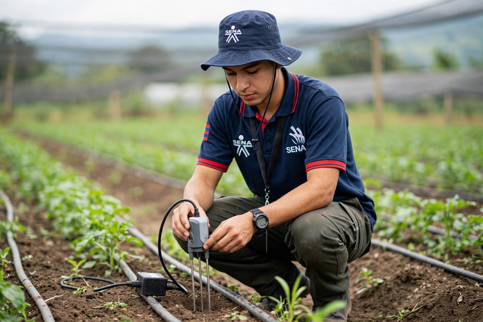 Aprendiz SENA instalando sensores de humedad en un cultivo