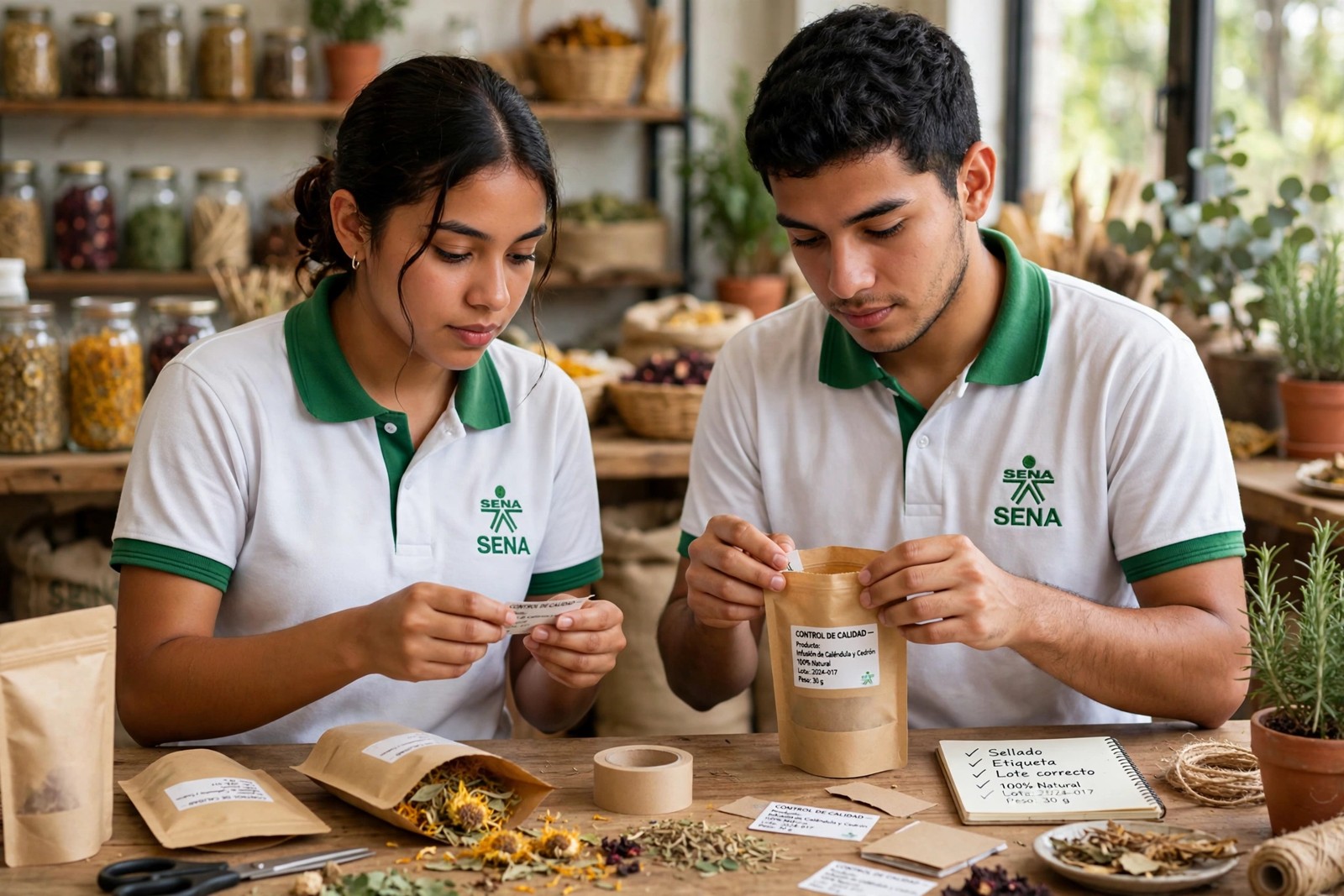 Aprendices SENA empacando productos sostenibles de plantas nativas y verificando etiquetas de calidad
