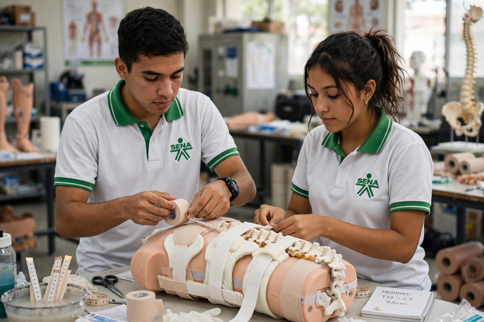 Aprendices SENA ajustando una órtesis de tronco sobre un modelo de adaptación en el taller ortopédico